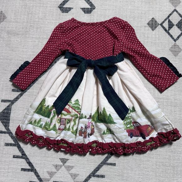 Baby Girl 18 Mo Christmas Scene Dress Cotton Plaid Sash Buttons Ruffle Snowman - Picture 2 of 8